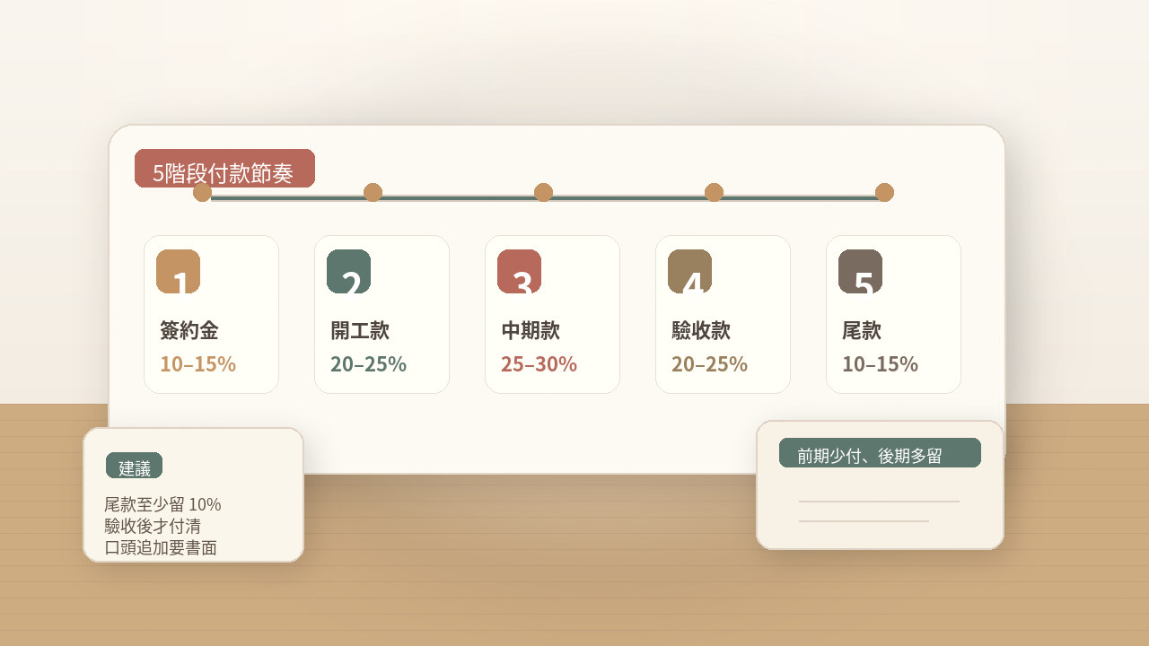 裝潢付款五階段與比例配置示意