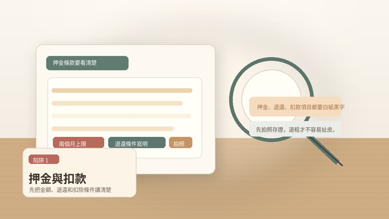 租屋合約條款與押金檢查示意