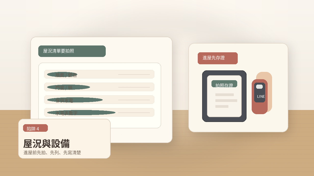 入住前拍照存證與屋況清單示意